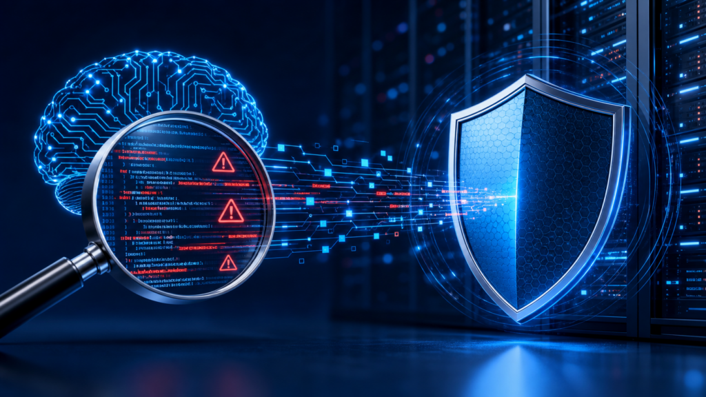 Inteligencia artificial analizando vulnerabilidades y escudo de ciberseguridad